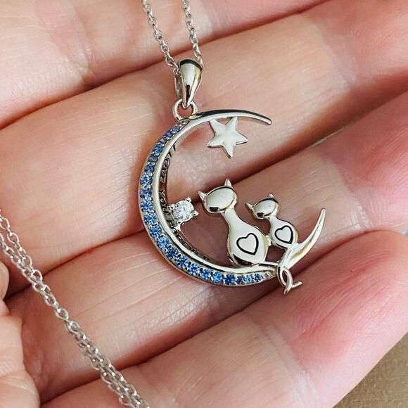 Cats Moon I Love You Forever CZ Sterling Silver Necklace - Picture 1 of 5